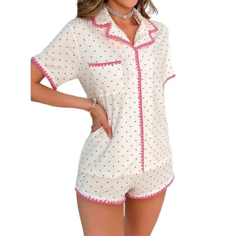 Women's Pajama Set Heart Print Short Sleeve Shorts Summer Sleepwear Sweet Style Button Front Loungewear Two Piece Outfit