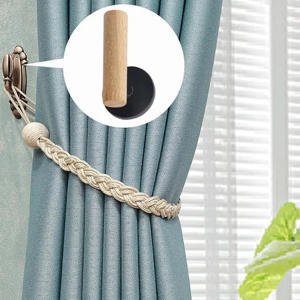 4Pcs Peel And Stick-Curtain Hooks With Wooden Handle No Drill Tie Backs Tool Parts For Window Drapes Home Decor Hardware