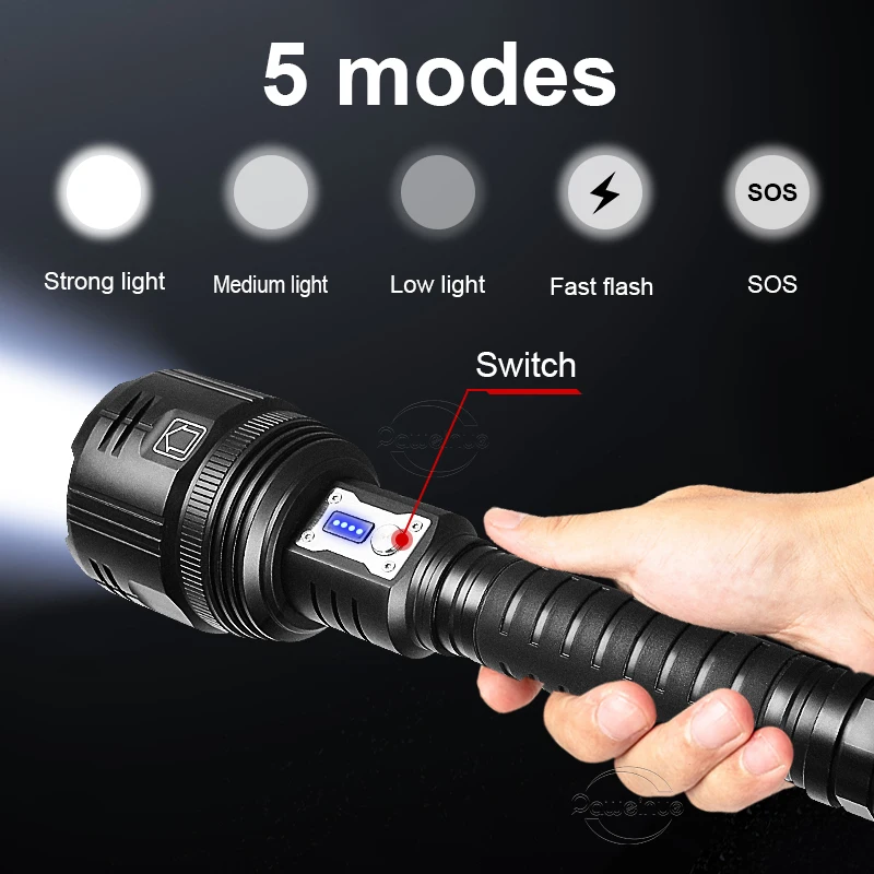 XHP360 슈퍼 고전력 충전식 Led 손전등 강력한 Type-c 충전 큰 LED 랜턴 5 모드 장거리 토치 캠핑