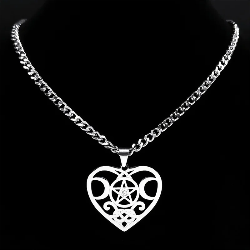 Wicca Heart Triple Moon Pentagram Goddess Necklace Stainless Steel Crystal Celtic Knot Magic Supernatural Necklaces Jewelry Gift