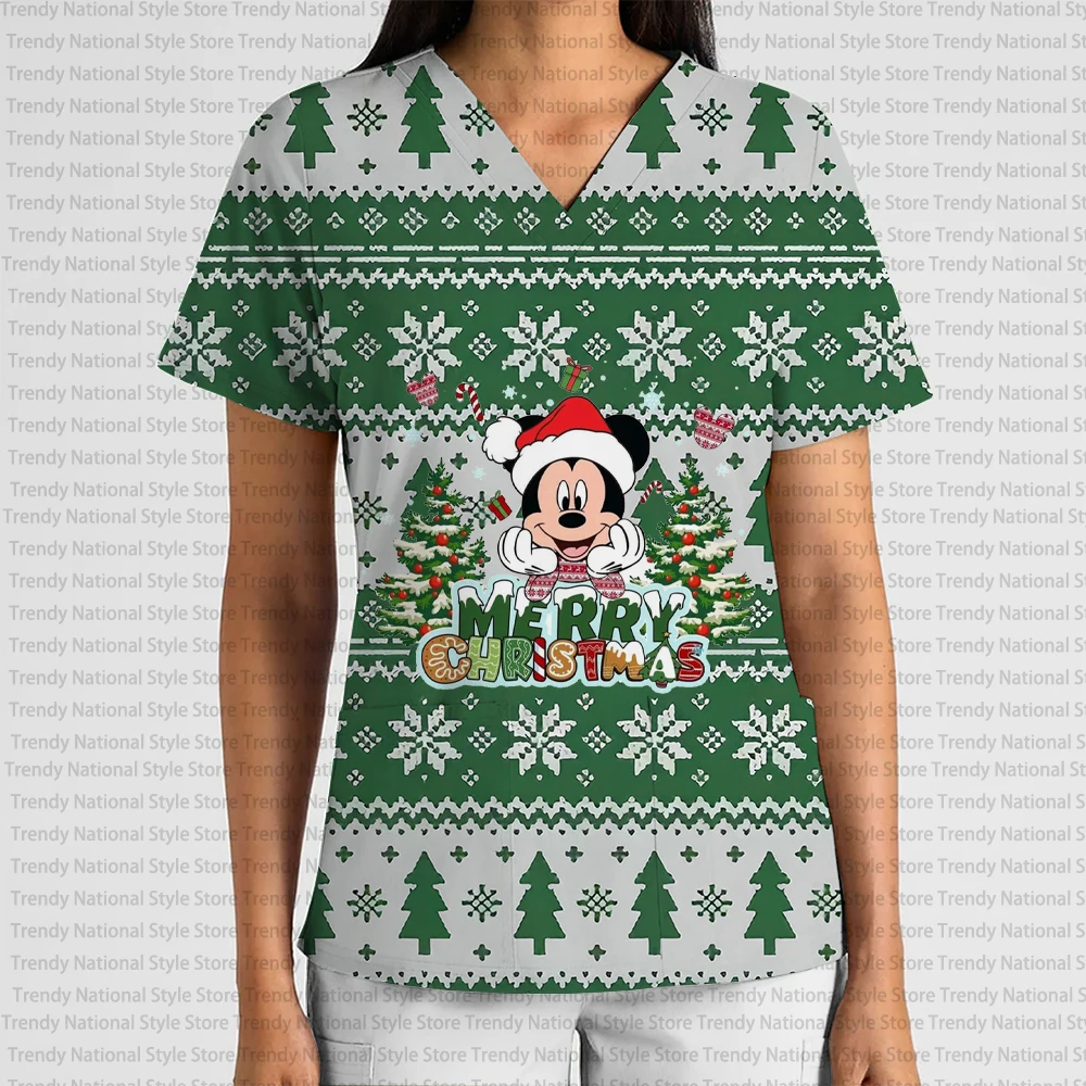 المرأة ديزني ميكي وميني عيد الميلاد جمع قصيرة الأكمام العمل موحدة الخامس الرقبة طباعة فرك أعلى هدية عيد ميلاد تي شيرت