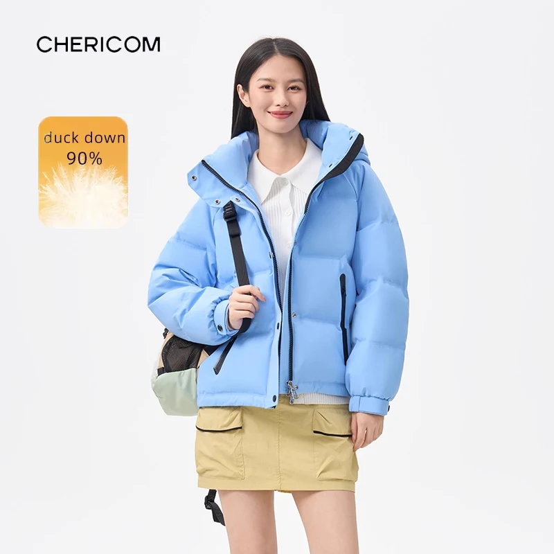 Chericom Leichte Pufferjacke, farbblockierte, abnehmbare Kapuze, verstellbare Manschetten, Daunenmantel, verdickte Pendelmäntel Y318128Y