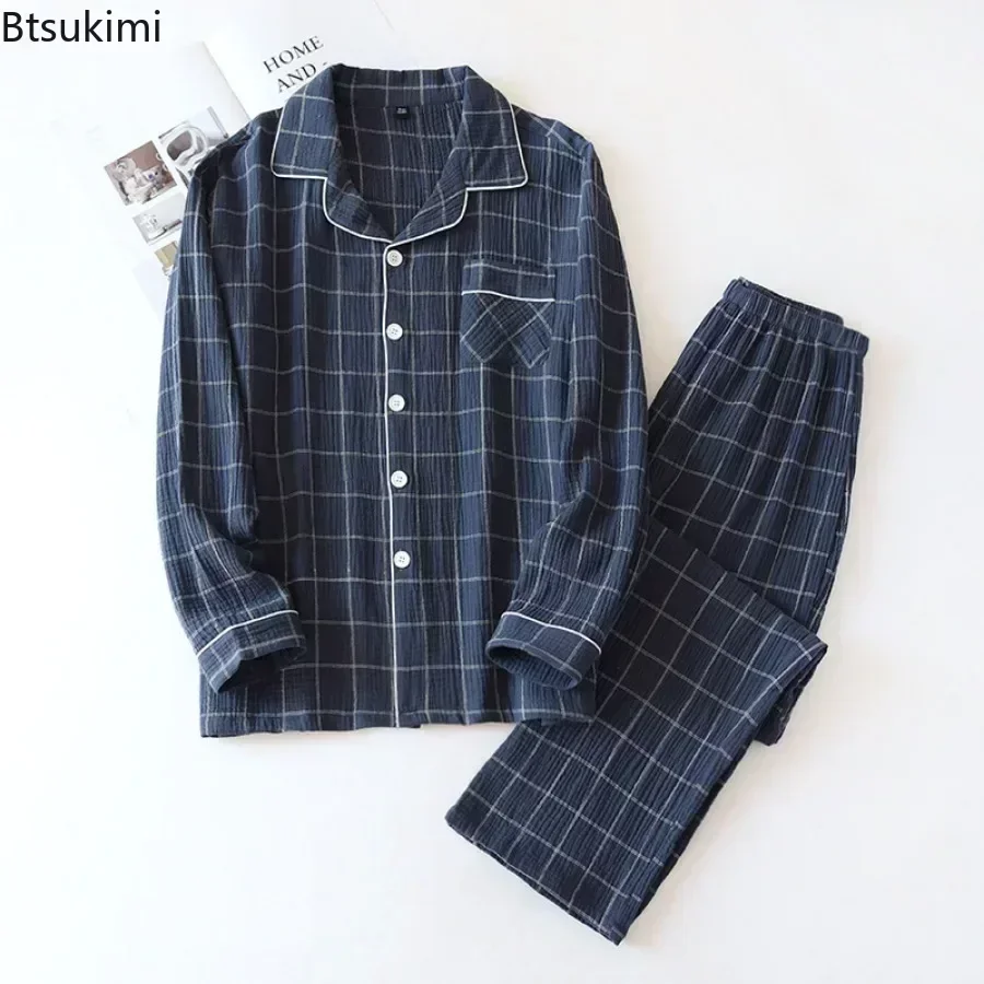 2024 Men\'s Casual Plaid Pajama Sets Soft 100% Cotton Pajamas Lounge for Men Long Sleeved Shirts and Pants Sets Homewear Clothing