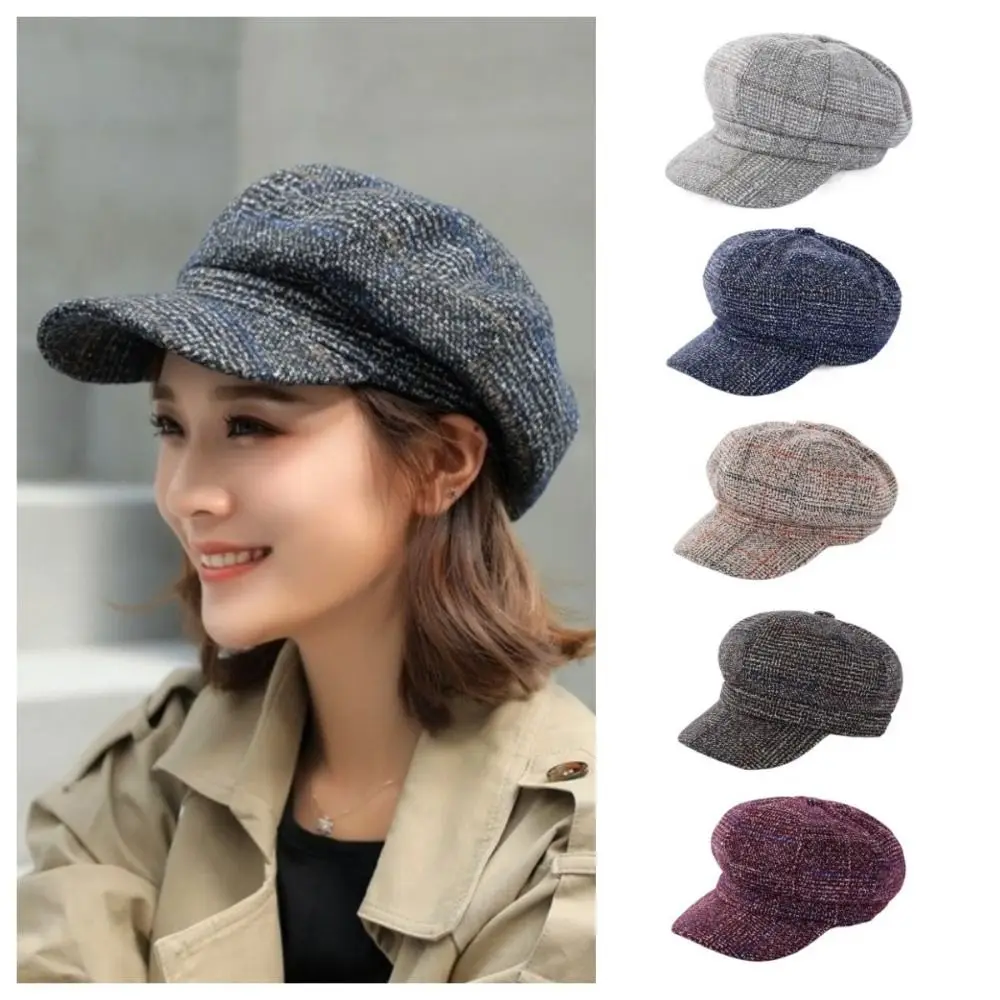 

Vintage Woolen Plaid Octagonal Hat Ear Protection Thick British Berets Keep Warm Korean Style Painter Caps Travel