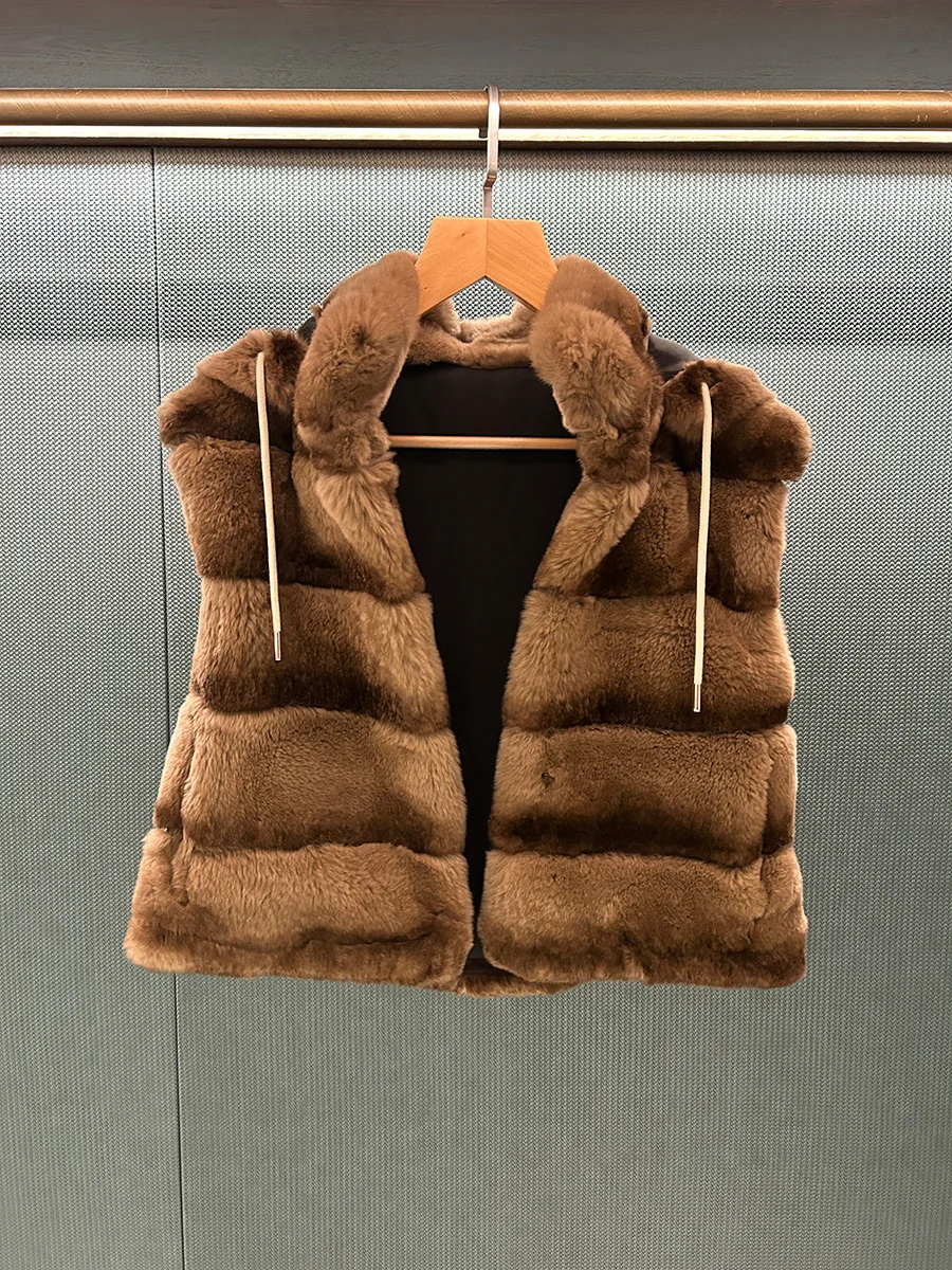 

Women'S Full-Leather Mink Rabbit Fur Hooded Stand-Up Collar Fur Vest Jacket
