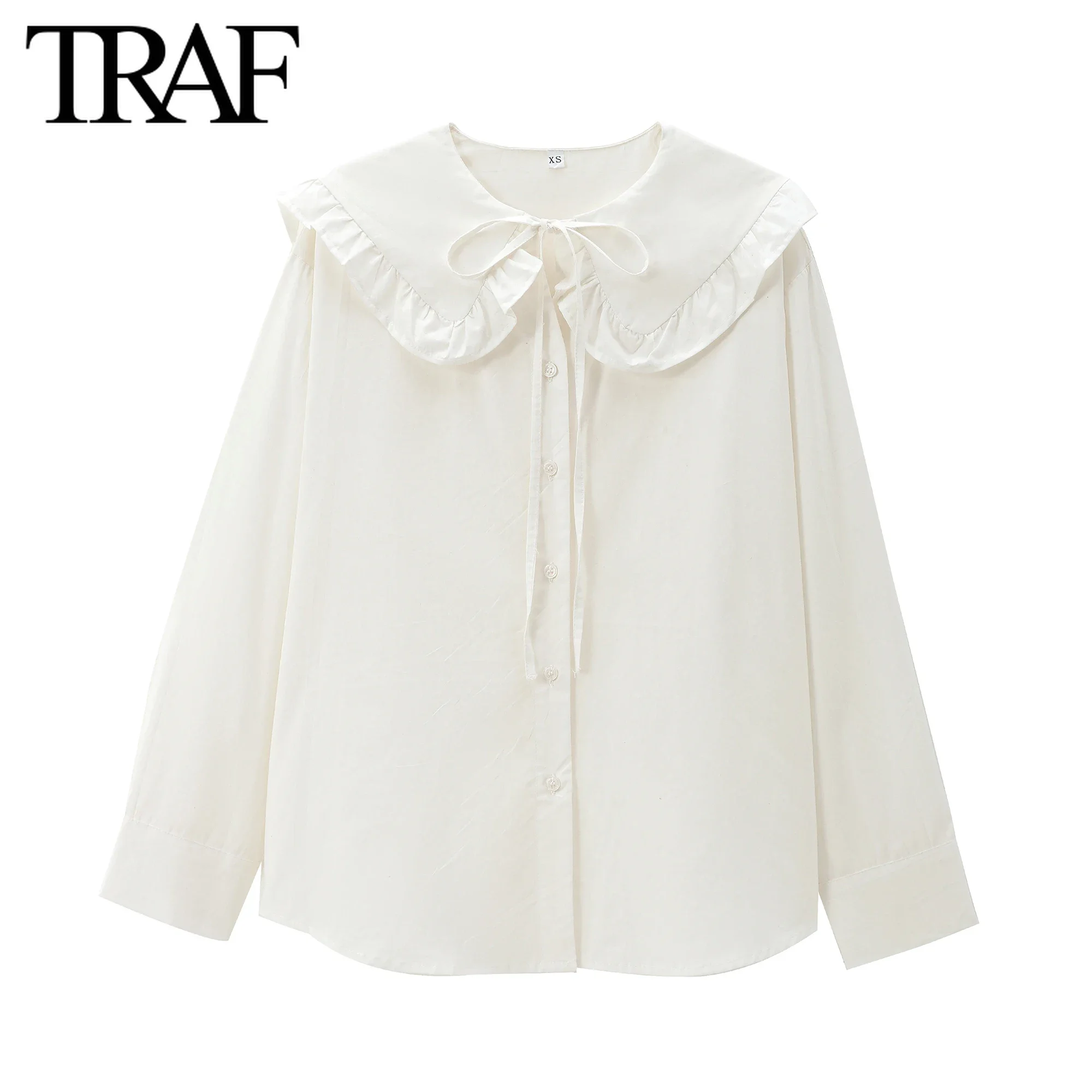 TRAF Women Fashion Spring Autumn Long Sleeve Single Breasted Lace Up Doll Collar Blouse Street Clothing Shirt Chic Ladies Top