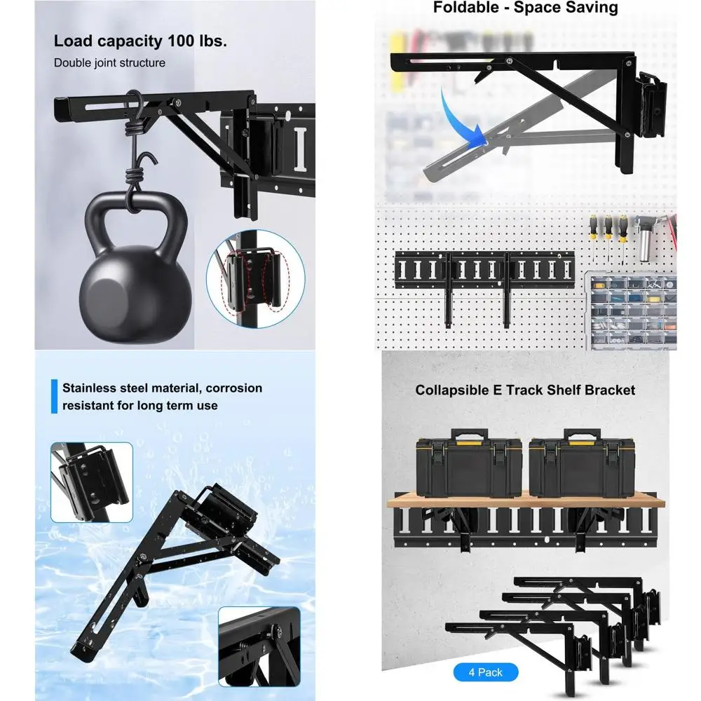 

4-Pack 12 Stainless Steel Collapsible E-Track Brackets for Workbenches and Shelves in Garages, Trailers, and Workshops