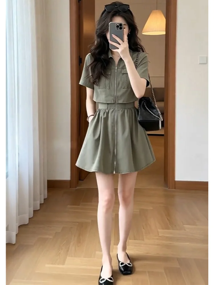 

plus Size Shirt Dress Stand Collar Zipper Slimming High Waist A-Line Skirt Casual Summer Fashionable Women's Clothing