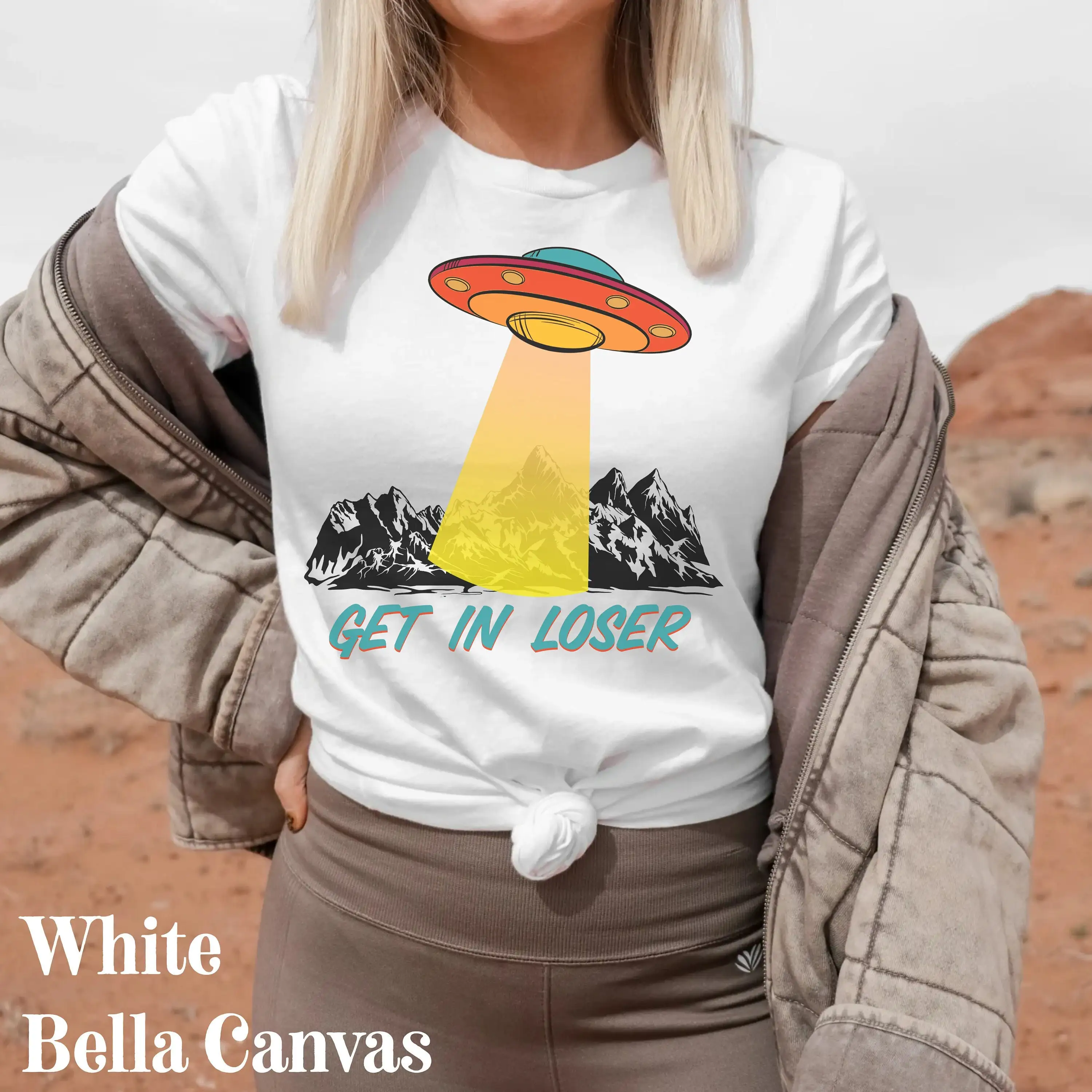 Ladies Ufo T Shirt Get In Loser Flying Saucer Alien Cool Roswell New Mexico X Files Weird Science Area 51 Quirky