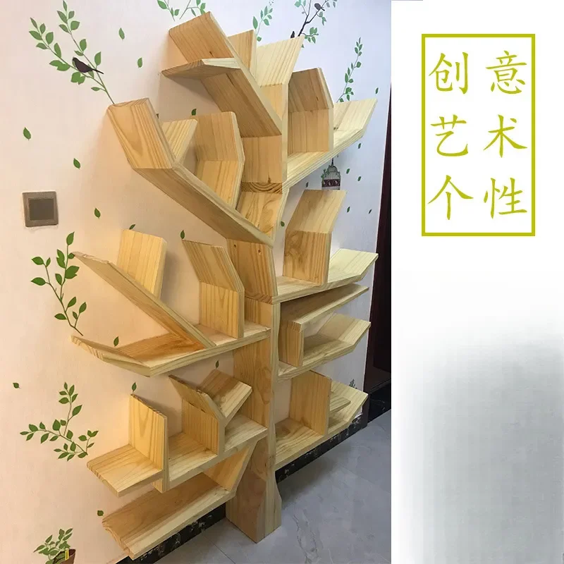 Creative Solid Wood Tree Shaped Bookshelf Floor to Ceiling Library Wall Decorative Shelf Personalized Childrens Bookcase