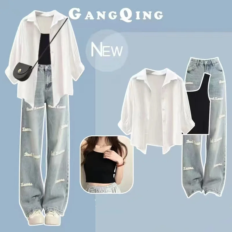 Summer Sunscreen Chiffon Shirt Blouse Strap Embroidered Jeans Three Piece Elegant Women's Pants Set Sports Outfits