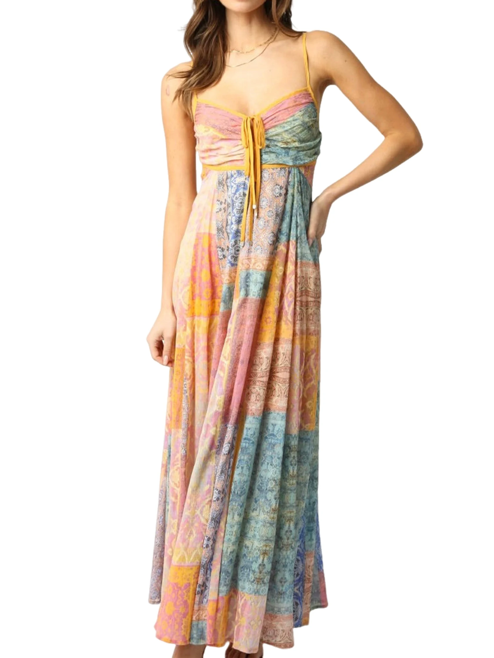 【】Women Floral Smocked Maxi Dress Bow-Knot Spaghetti Straps Midi Sun Dress Boho Casual Beach Long Dresse