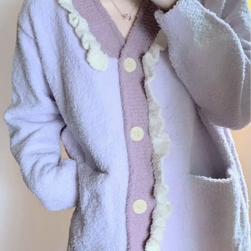 

Women's pajamas Comfortable Sleepwear Cotton Pajama Set winter autumn Soft Knit Long Sleeve Ruffle Collar Premium Home Suit