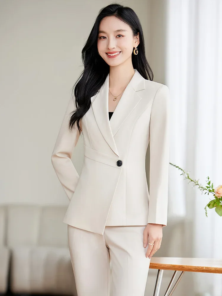Pop Elegant Green Apricot Black Ladies Pant Suit Women Female Business Work Wear Jacket And Trouser Blazer 2 Piece Set