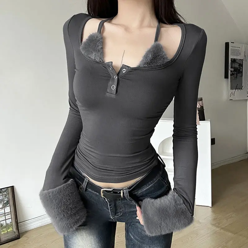 Velvet Stitching Fake Two-Piece Sweater Bandage Crop Top Vintage Aesthetic Square Collar Button T-Shirt Long Sleeve Women