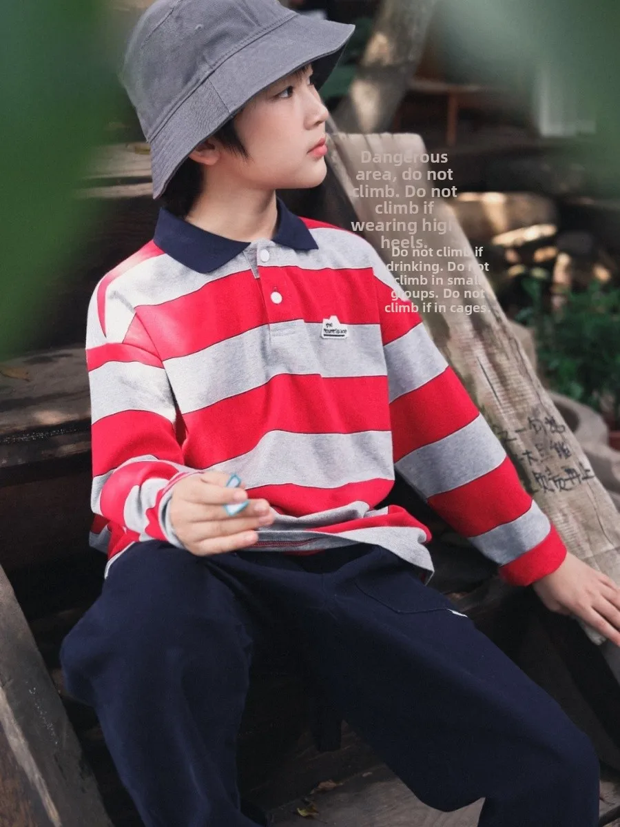 Facec Retro Striped Color Block Mountain Series Boys  Shirt Spring Autumn Loose Outdoor Camping Top Cotton Lycra Blend