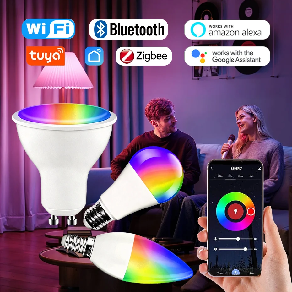 Tuya E27 GU10 E14 RGB Bulb Zigbee/WiFi/Bluetooth Smart Dimmable LED Light Lamp 5W/15W Work with Alexa Google Home Voice Control