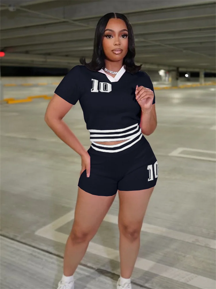 

Weird Puss Knit Лоскутный комплект из 2 предметов Спортивный костюм Женский укороченный топ с v-образным вырезом и буквенным принтом + узкие шорты Повседневная мода Спортивная одежда