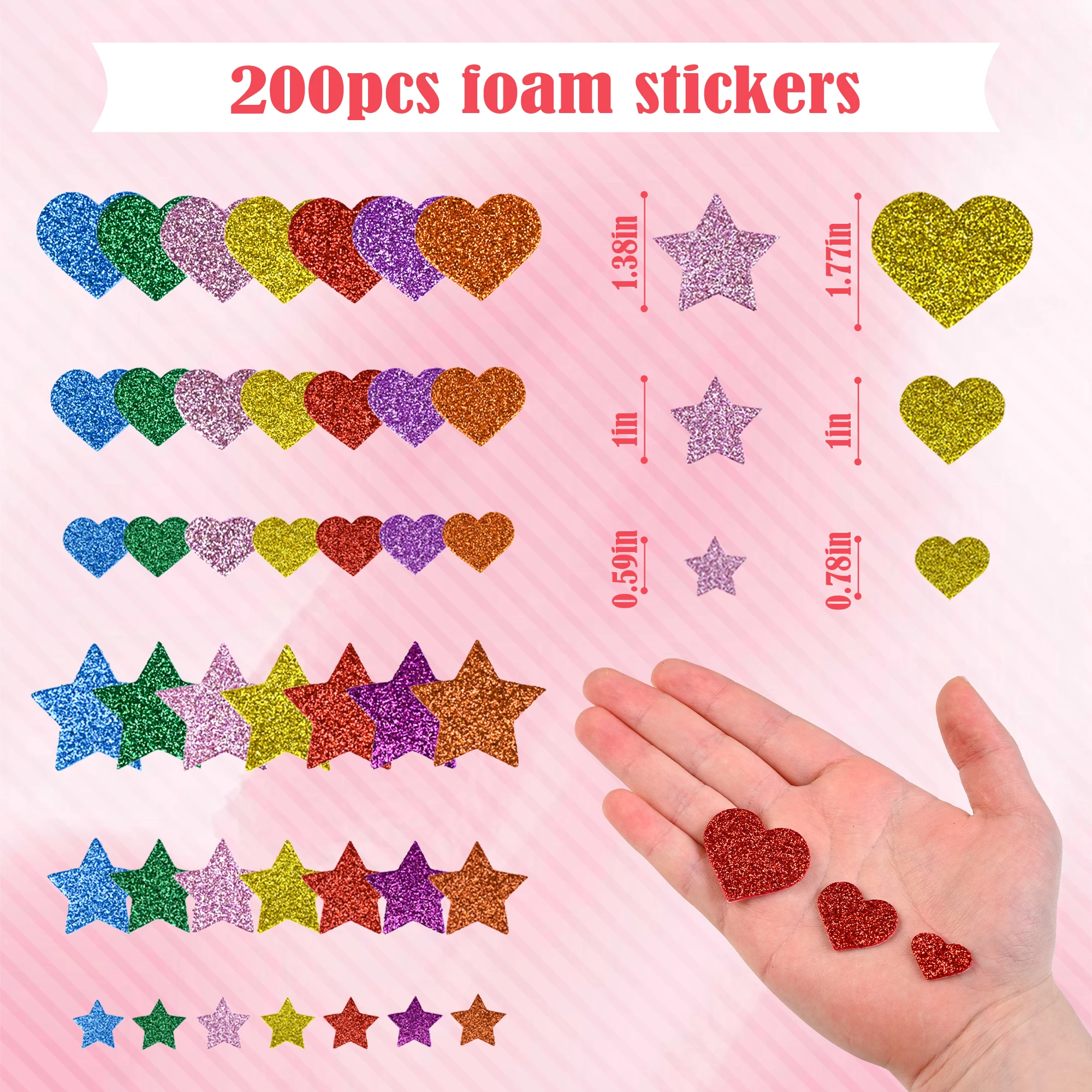 200 Pieces Colorful Glitter Foam Stickers Self Adhesive Stars Mini Heart Shapes Glitter Stickers, Kid's Arts Craft Supplies Gree