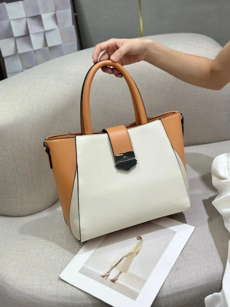 

New Trendy Silver Buckle Contrast Color Tote Bag For Women Large Capacity Commuter Handbag Shoulder Bag Versatile PU Leather Bag