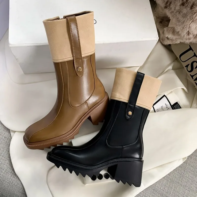 Fashion Women's Boots Autumn Winter New Square Head Mid-Calf Boots Ladies Retro Mixed Colors Side Zipper Coarse Following Shoes