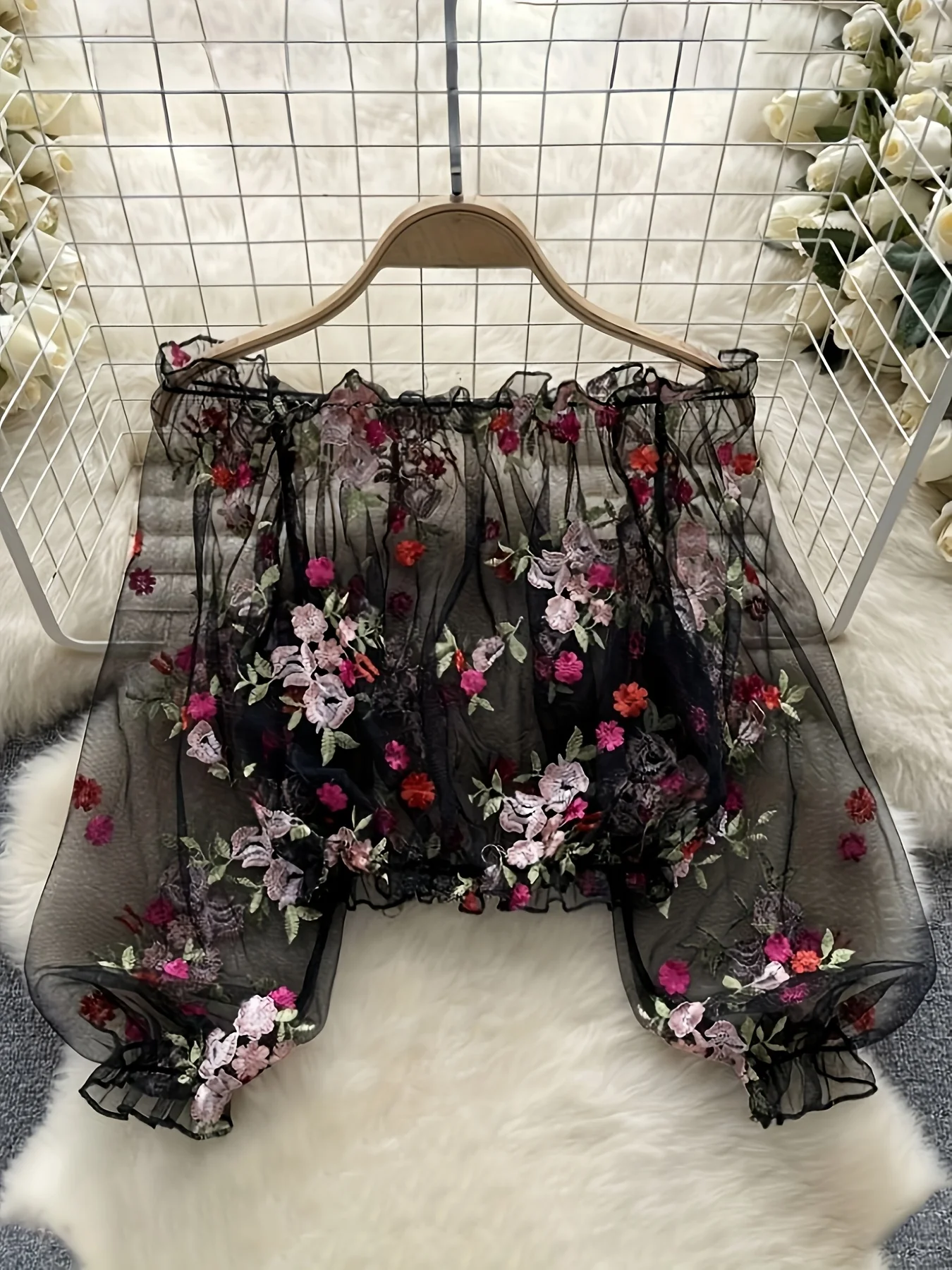 Pure Desire Off-Shoulder Mesh Embroidery See-Through Loose Short Long-Sleeve Top Blouse Lace Shirt