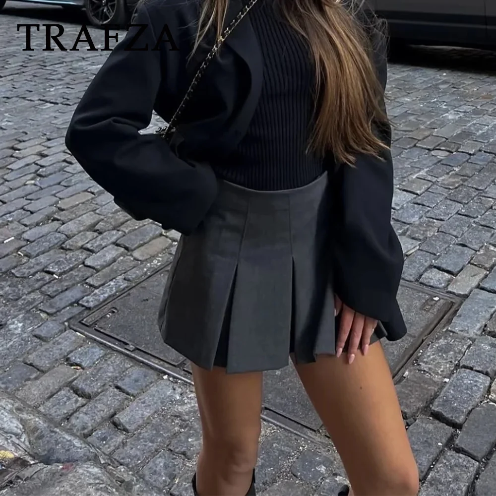 TRAFZA 2025 Spring Summer Women Casual Tierred Mini Skirts Fashion Vintage Solid High Wasit Ruffles Pleated Sexy Shorts Skirts