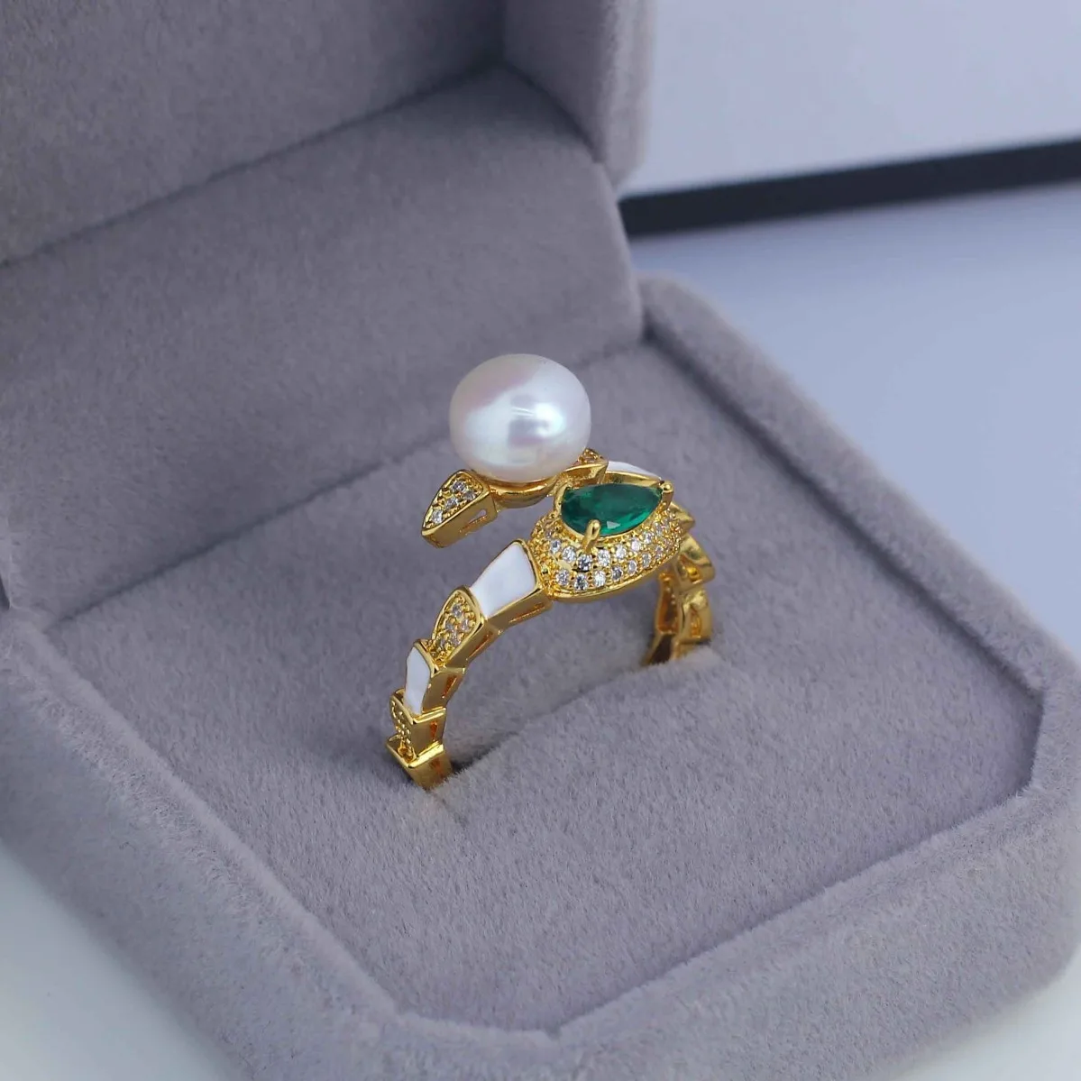 High‑Texture Brass 14K Gold Plated CZ‑Inlaid Snake Ring Blank Setting Handmade Supplies For DIY Pearl Ring Findings