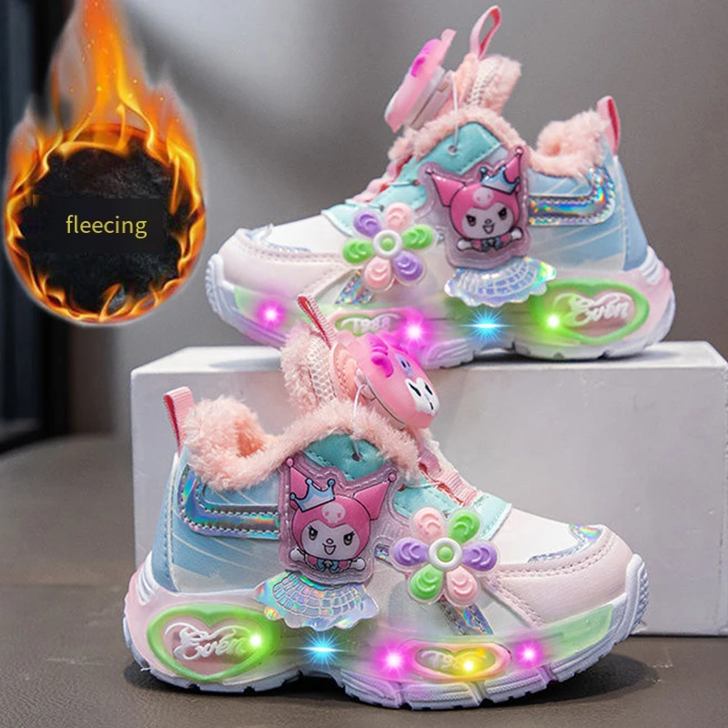 Girl Winter Sneakers Sanrio Cartoon Fashion Thicken Child Casual Shoes Kuromi Keep Warm Glow Kawaii Cotton Shoes light new shoes