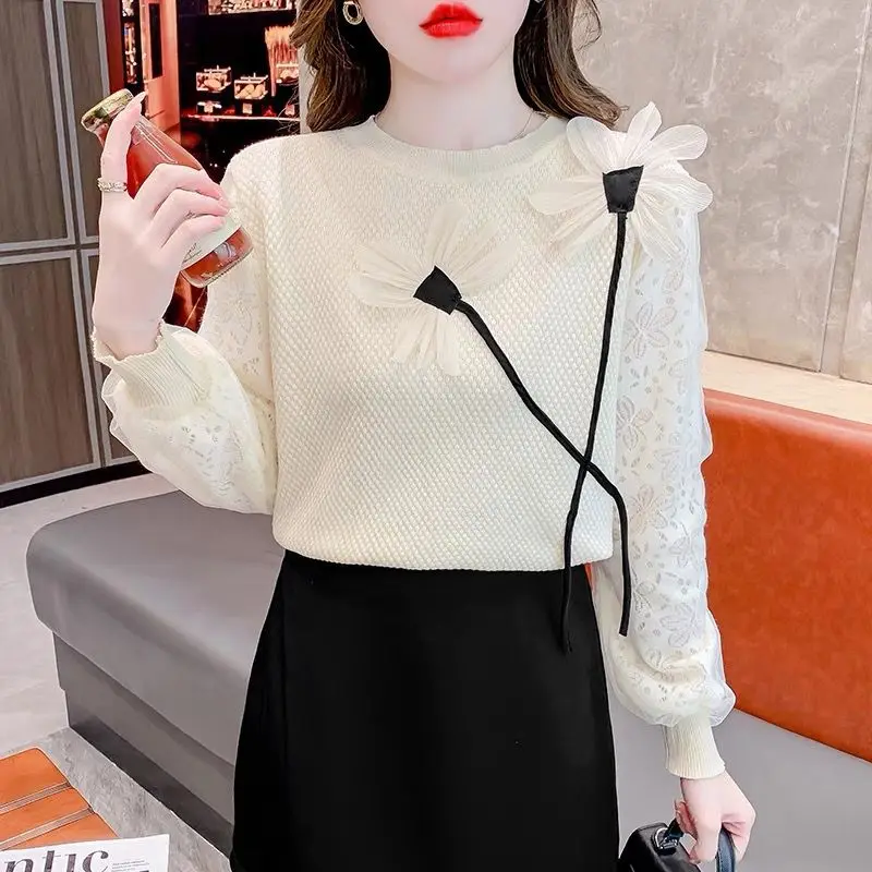 Spring Autumn Round Neck Gauze Women\'s Pullover Striped Lantern Long Sleeve Tie Flowers Sweater Knitted Casual Commute Tops