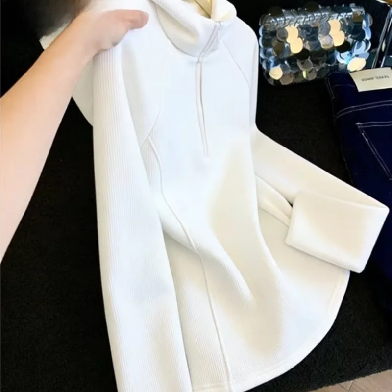 Korean High-end Hoodie Women's Autumn Winter Layered Wear Slim Fit Half Zip Long Sleeve Casual Hat Shirt Top