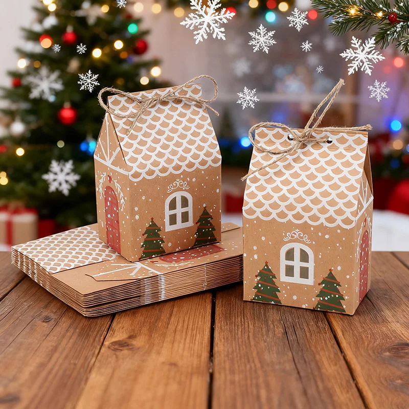 10-50 Stücke Hausförmige Geschenkbox Weihnachten Kraftpapier Süßigkeiten Kekse Verpackungsbox Weihnachten Neujahr Party Dekoration Kinder Gefälligkeiten – Detail 1