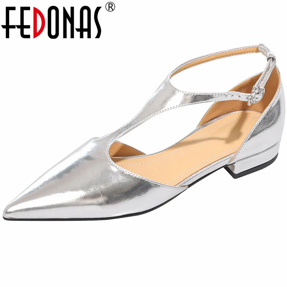 FEDONAS Women Sandals Fashion Pointed Toe Buckle Genuine Leather Low Heels Spring Summer Dress Office Lady Shoes Woman Sandals