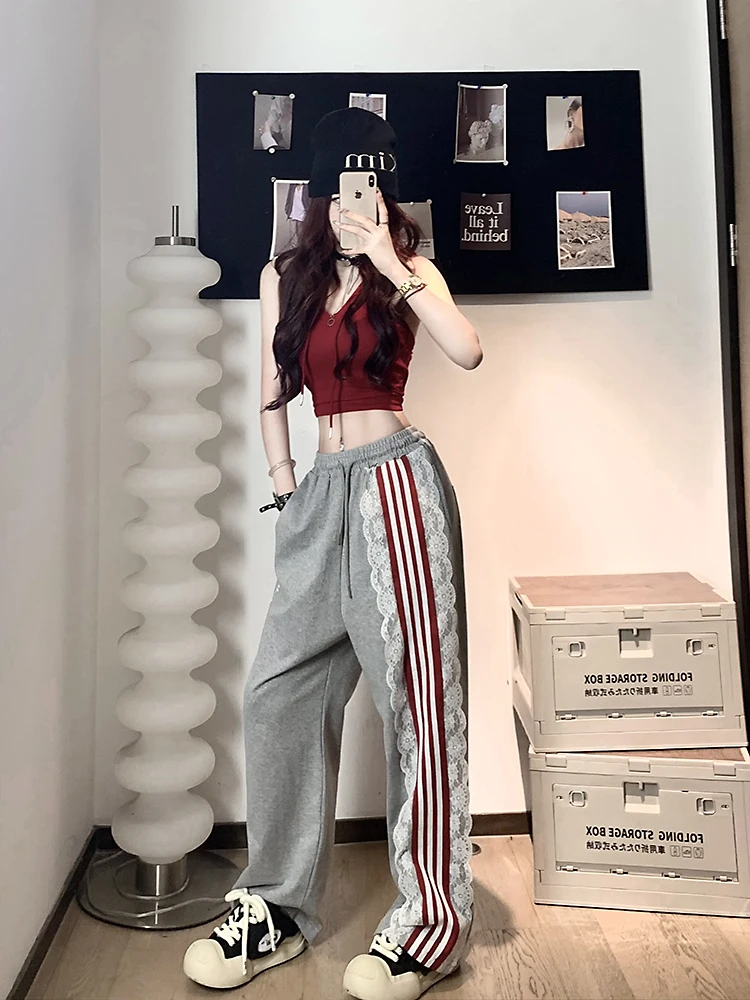 

American Retro Lace Trim Splice Sports Pants Women Summer High Waist Slim Straight Casual Wide Leg Floor Length Trousers