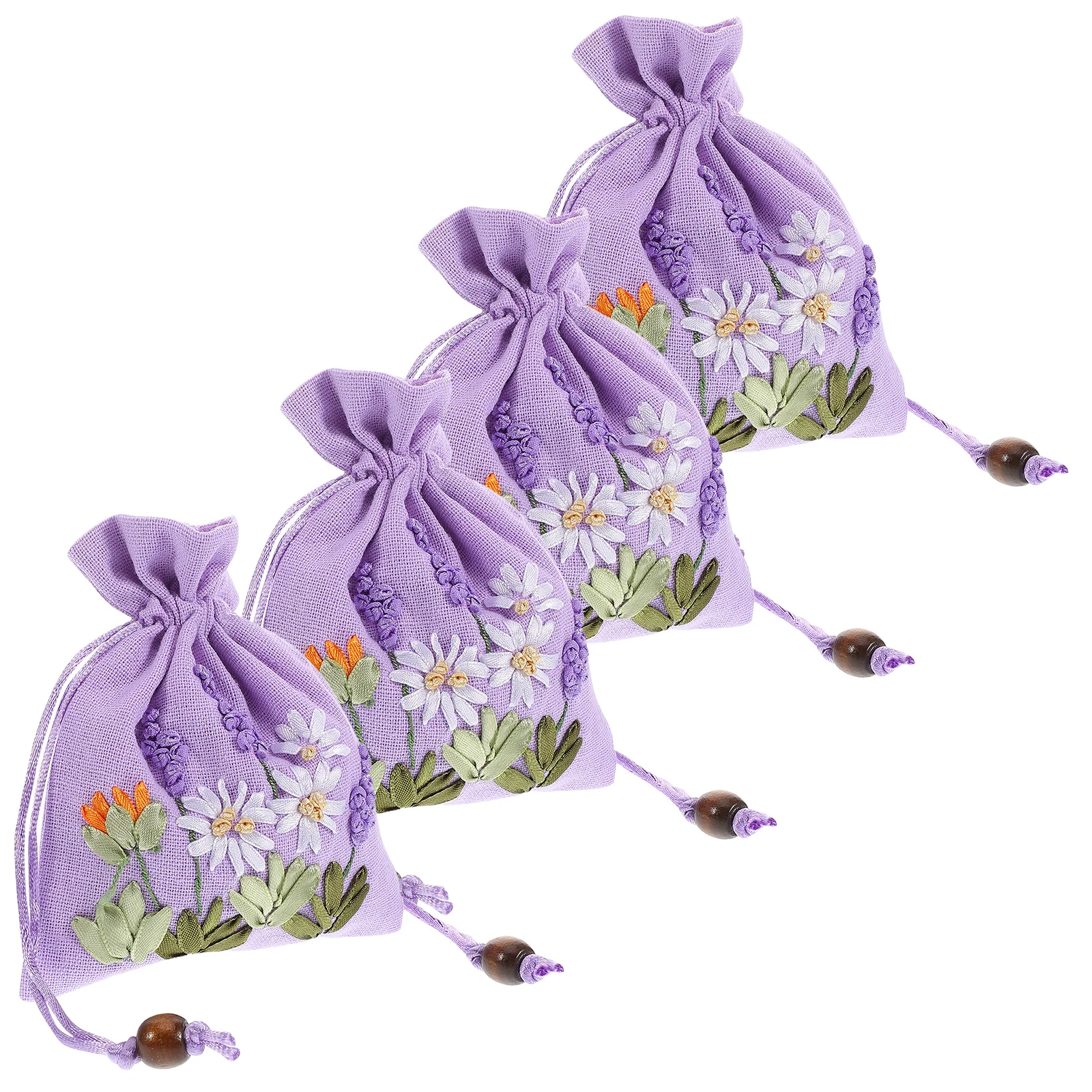 

4 Pcs Lavender Packaging Bags Elegant Embroidery Drawstring Pouches Jewelry Storage Linen Brocade Sachets Gifts Present Bags