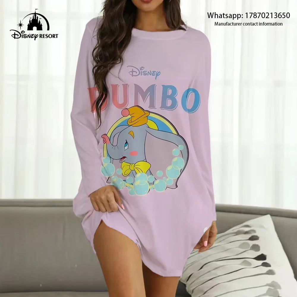 

Women's long-sleeved kawaii home dress round neck Dumbo cartoon print knee-length comfortable casual home wear