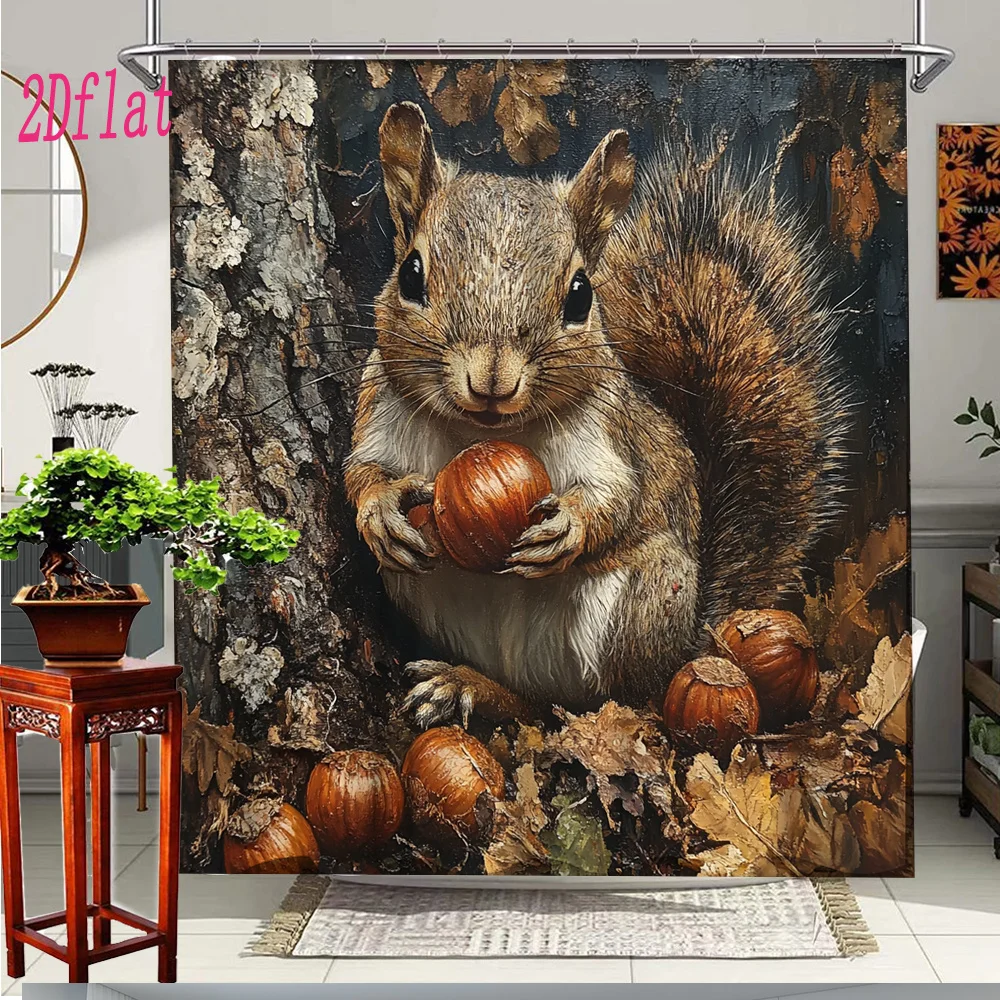 Realistic Squirrel Forest Scene Shower Curtain Waterproof Bathroom Decor Woodland Animal Print Shower Curtain