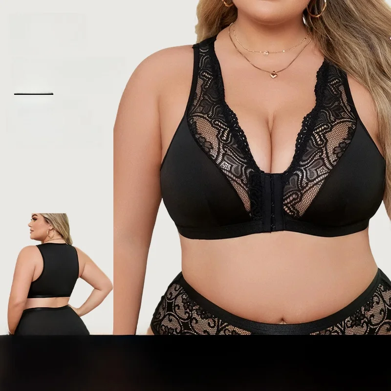 

plus Size Bra Adjustable Thin Gathered Anti-Sagging Luxury Elegant Style with Steel Ring Strap Design Polyester Fabric Cup