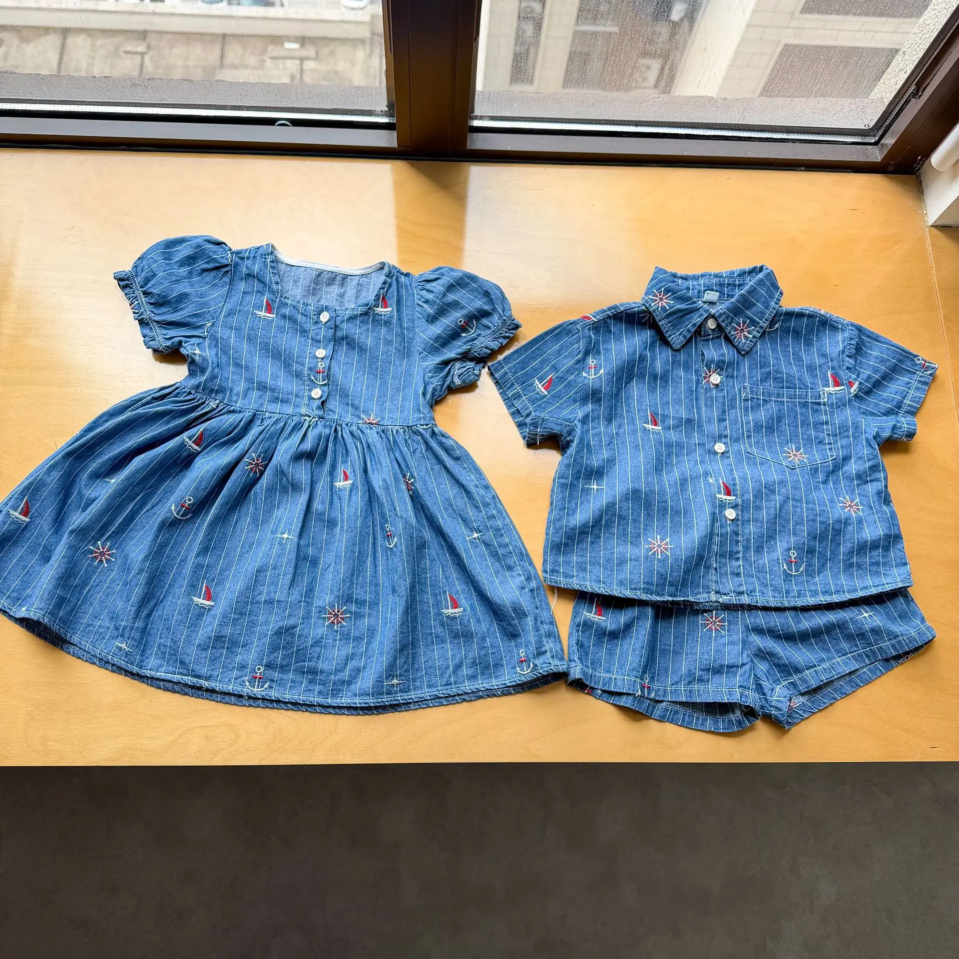 Set 2026 Spring Summer New Children's Wear Korean Style Boys and Girls Embroidered Denim Shirt Shorts Dress Brother and Sister