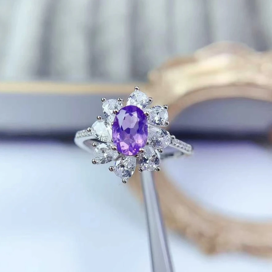 

Dazzling 925 Silver Crystal Ring Natural Amethyst Ring 5mm*7mm 0.7ct Genuine Brazilian Amethyst Jewelry