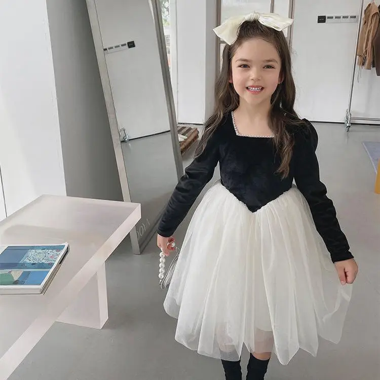Girl Kids Spring Autumn Birthday Dresses Children Clothes Vestido Girls Baby Velvet Mesh Princess Dress Beaded Collar Elegant
