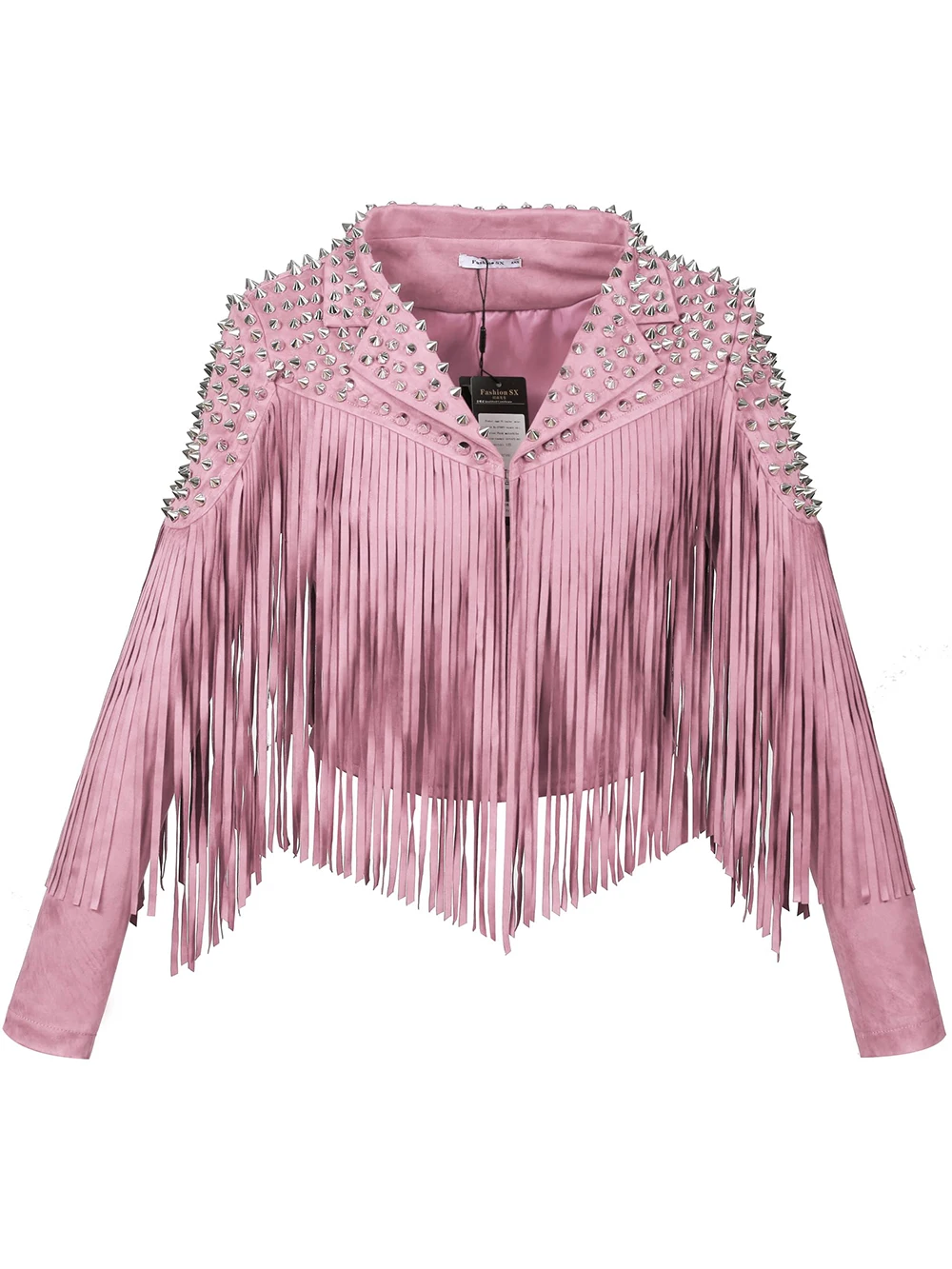 New Women\'s Fringe Faux Suede Leather Rivet Jackets 2024 Vintage Lapel Fashion Studded Tassel Motorcycle Cropped Coats