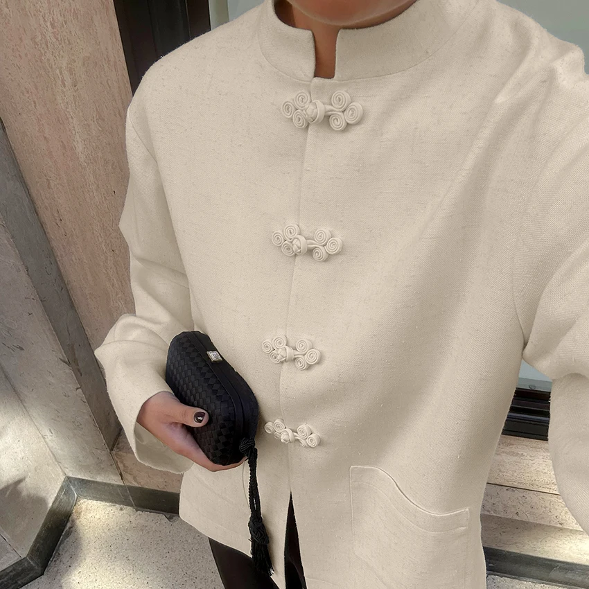 

Linad Chinese Style Khaki Stand Collar Shirts Vintage Single-Breasted Split Blouse Women Casual Buttons Long Sleeve Tops Female