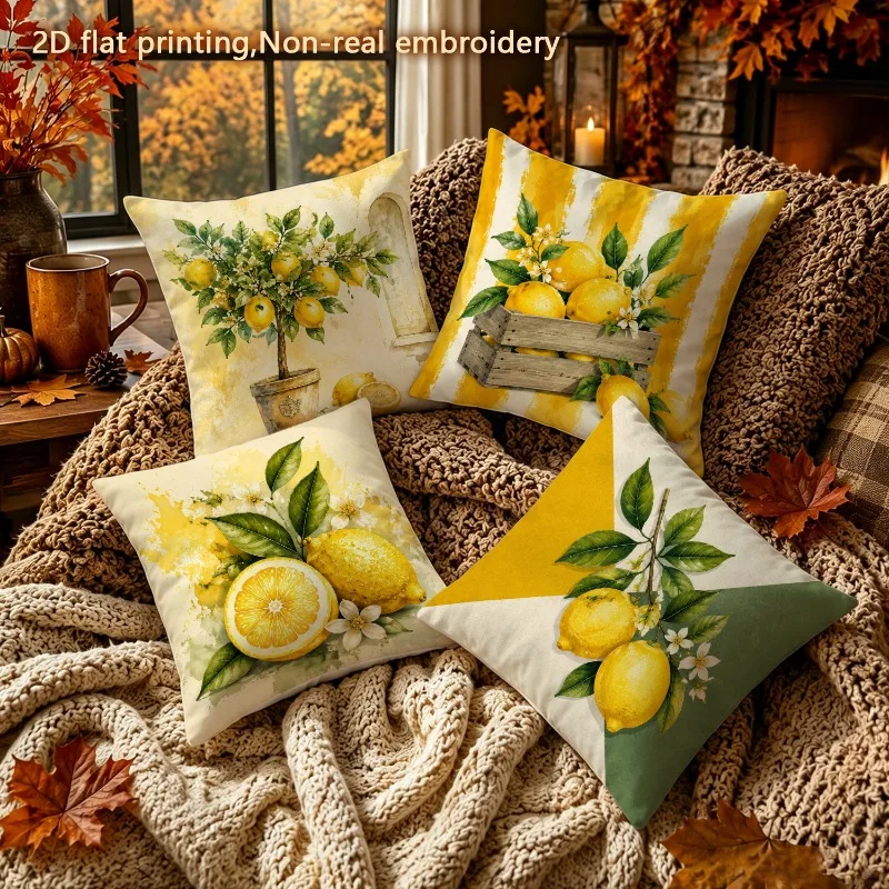 Four Piece Lemon Citrus Print Pillow Covers Set Throw Cushion Decoration for Sofa Couch Home Accent Bedding