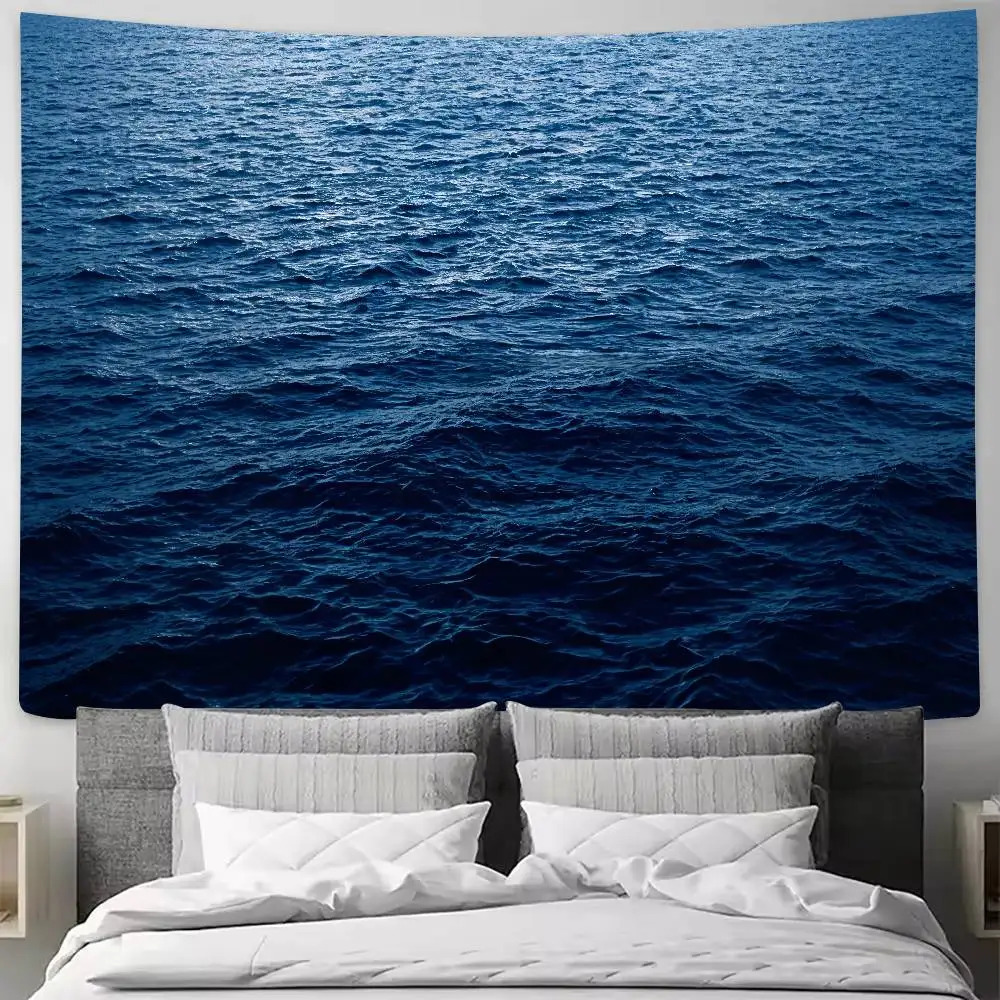 Deep Blue Ocean Water Tapestry, Calm Dark Sea Wave Wall Hanging, Natural Seawater Texture Landscape Cloth Backdrop Home Decor