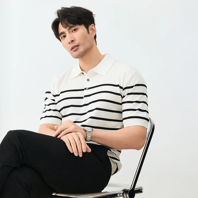 2025 Summer Men's Breathable Striped Contrast Panel Polo Shirt High Quality Casual Short Sleeve Knit T-Shirt Top Men's Clothing
