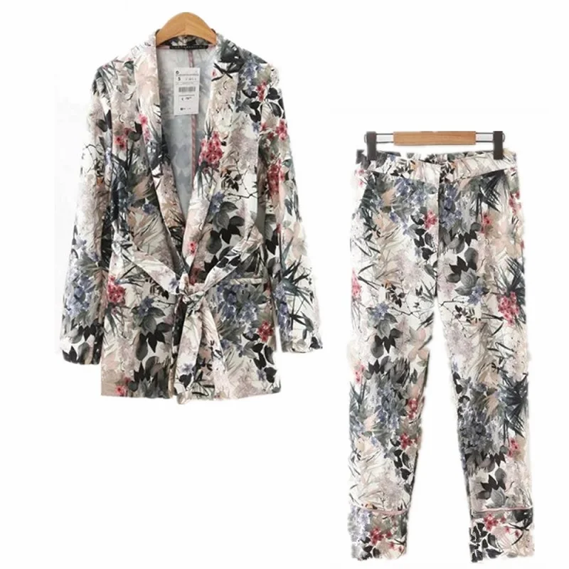 Elegant Women\'s suits 2024 Autumn Women Long Sleeve Wiped Kimono Blazer Belt Print Coat+Casual Pants Suit Vintage Two Piece Sets