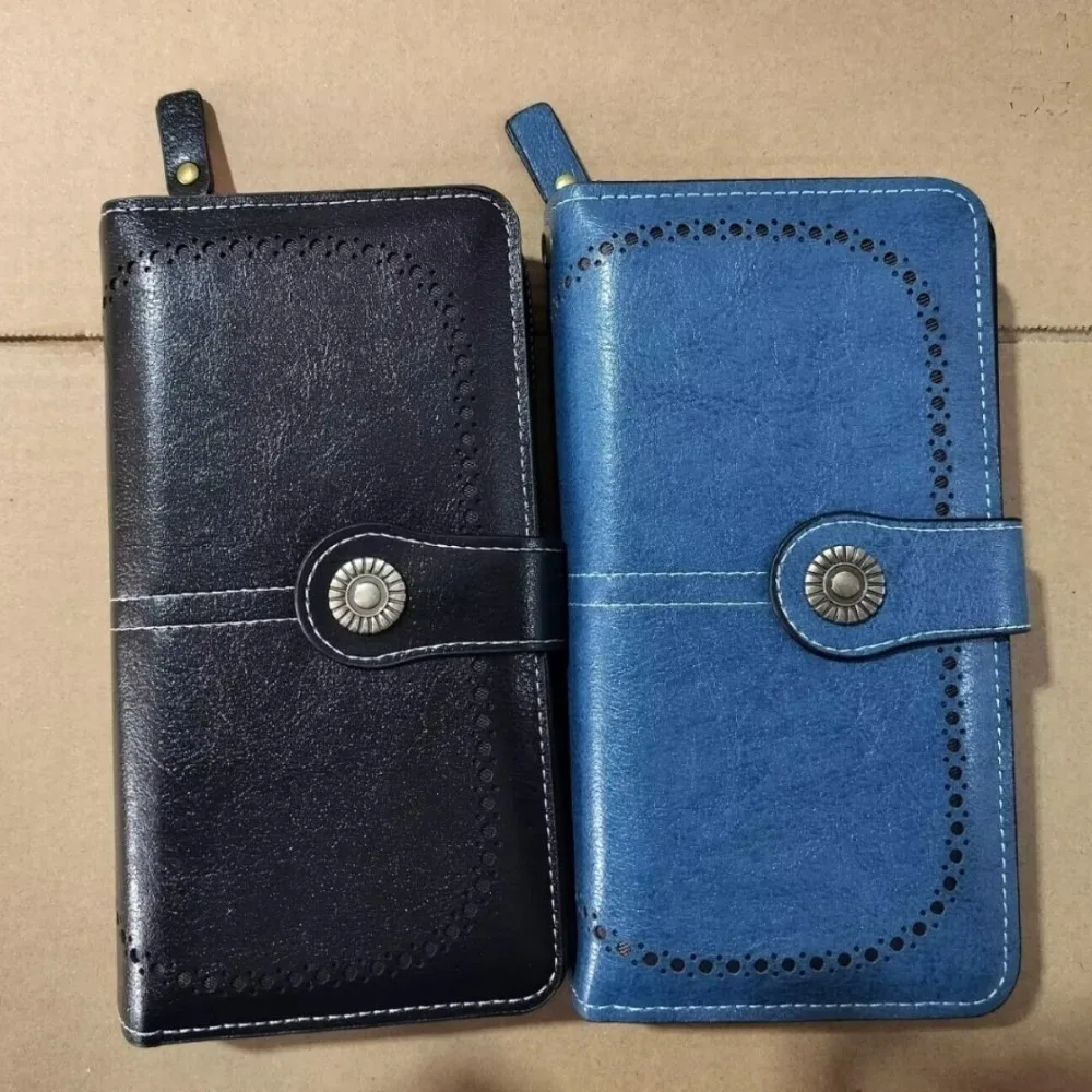 New PU Long Wallet RFID Blocking Vintage Style Coin Wallet Long Foldover Decorative Stitching RFID Wallet Card Organization
