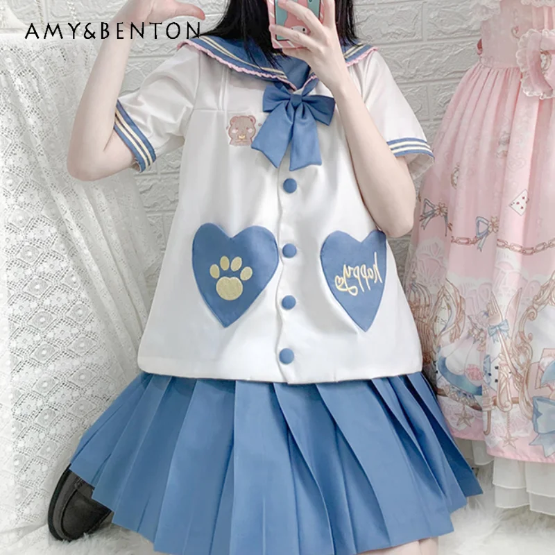 Japanese JK Uniform Sailor Collar Preppy Style Cartoon Blue and White Color Matching Long Short Sleeves Top Skirt Suit For Girls