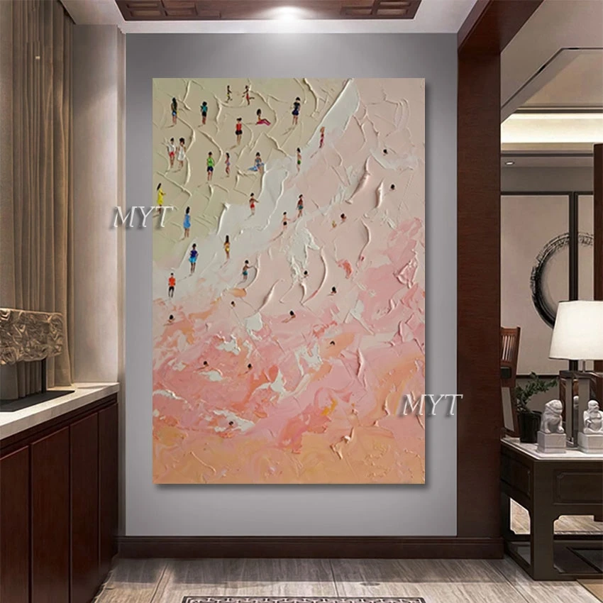 

Canvas Artwork Unframed Art Picture Abstract Thick Acrylic Knife Oil Painting People Frolicking At The Sunset Beach Hand-painted